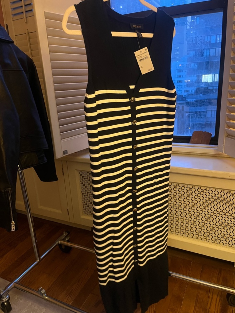 Navy Blue & White Striped Button-Front Midi Dress